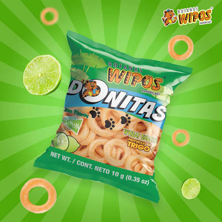 Wipos Donitas Limón bag containing 25 individual 10g packs of lemon-flavored wheat snacks
