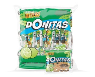 Wipos Donitas Limón bag containing 25 individual 10g packs of lemon-flavored wheat snacks