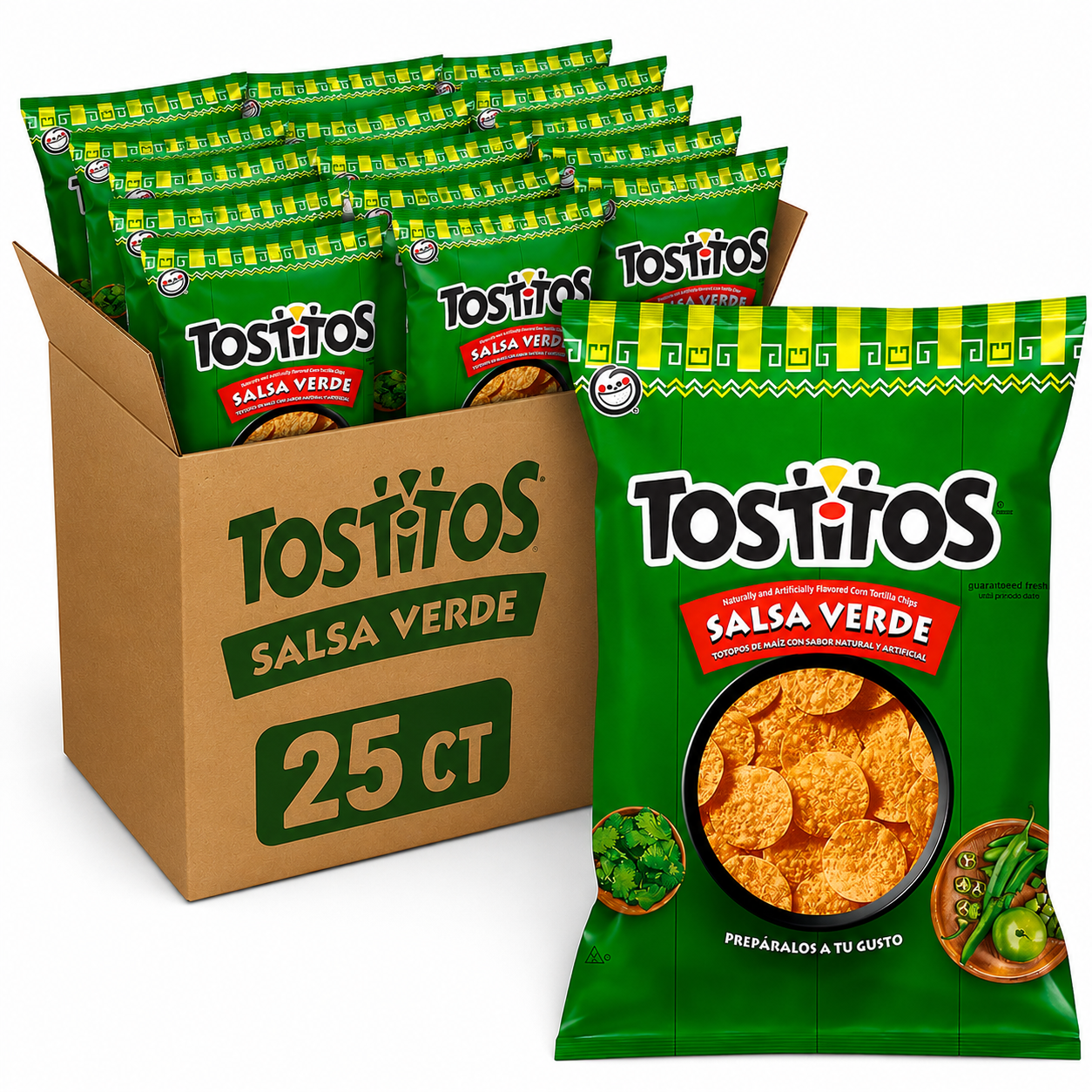 Tostitos Salsa Verde 25ct snack box with individual bags of Mexican salsa verde chips