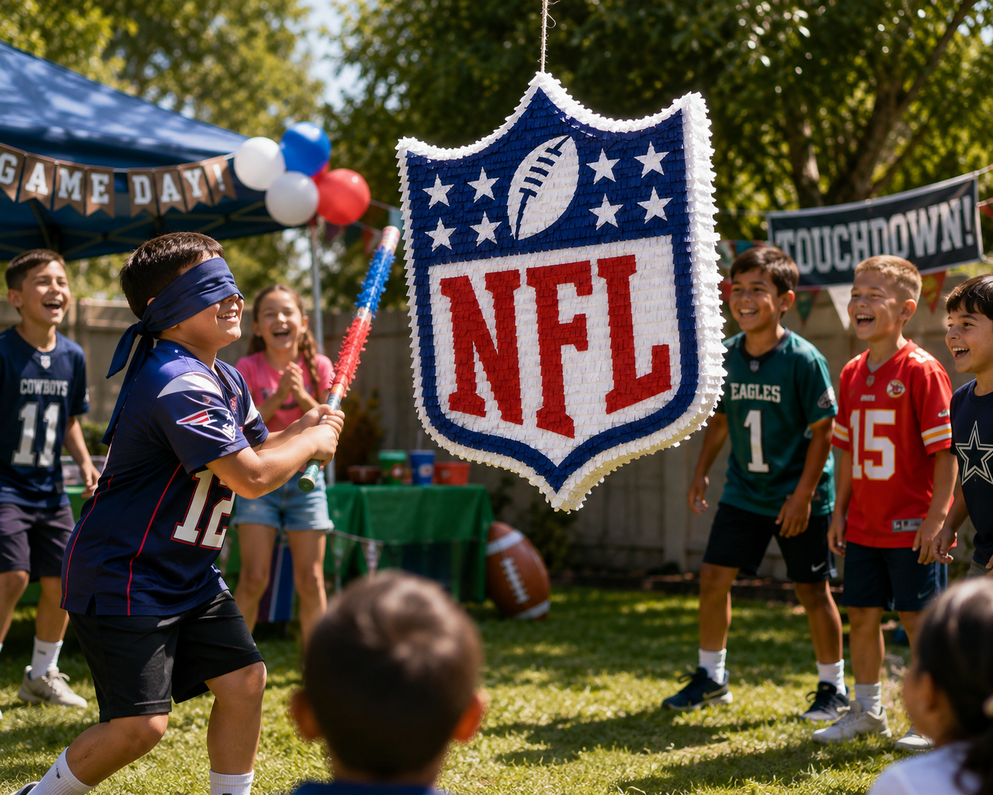 Kids hitting an NFL piñata at a football themed birthday party