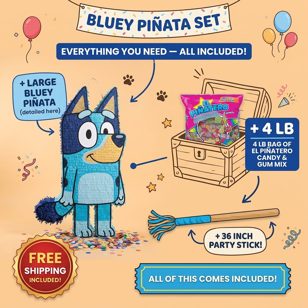 Bluey piñata set with 4 lb Mexican candy, 36 inch stick, and free shipping included
