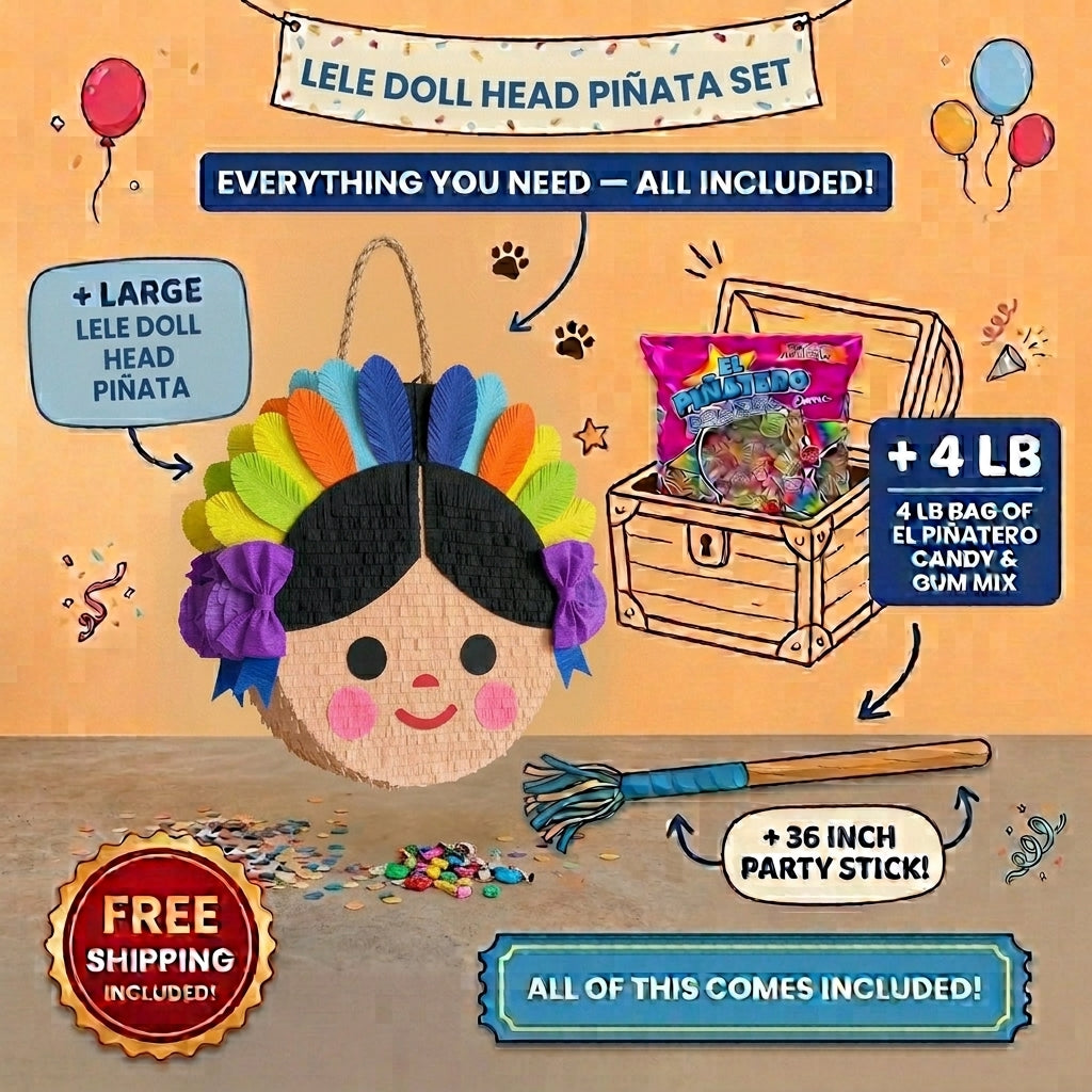 Lele doll piñata bundle with 4 lb Mexican candy, 36 inch stick, and free shipping included