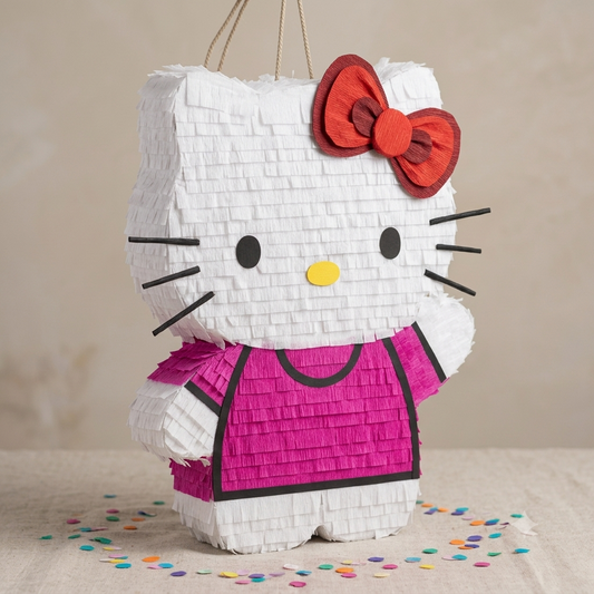 Handmade 20-inch Hello Kitty piñata for birthday parties, featuring pink, white, and red decorations, ready to fill with candy and party favors.
