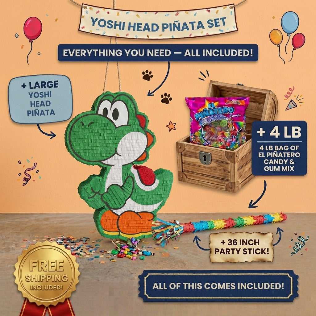 Yoshi piñata bundle with 4 lb Mexican candy, 36 inch stick, and free shipping included