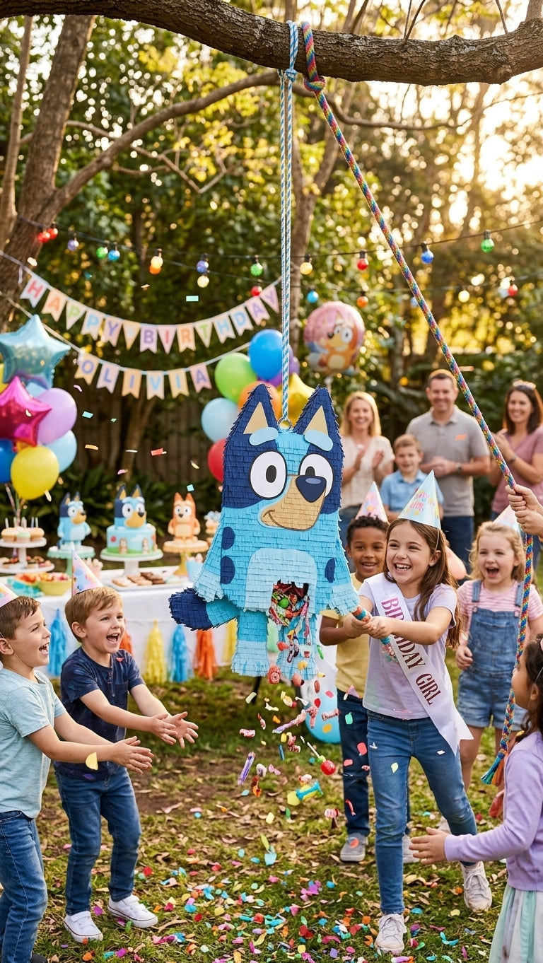 20 inch handmade Bluey inspired piñata for kids birthday party with free shipping in the USA