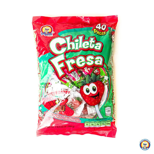 Azteca Chileta Fresa 40ct bag of Mexican strawberry chile lollipops