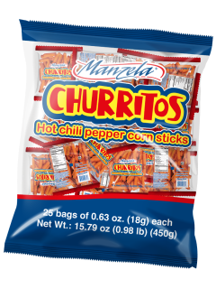 Churritos Manzela Hot Chilli Pepper Corn Sticks 25ct (18gr each) POS - Dulceria Mexicana "El Toto"
